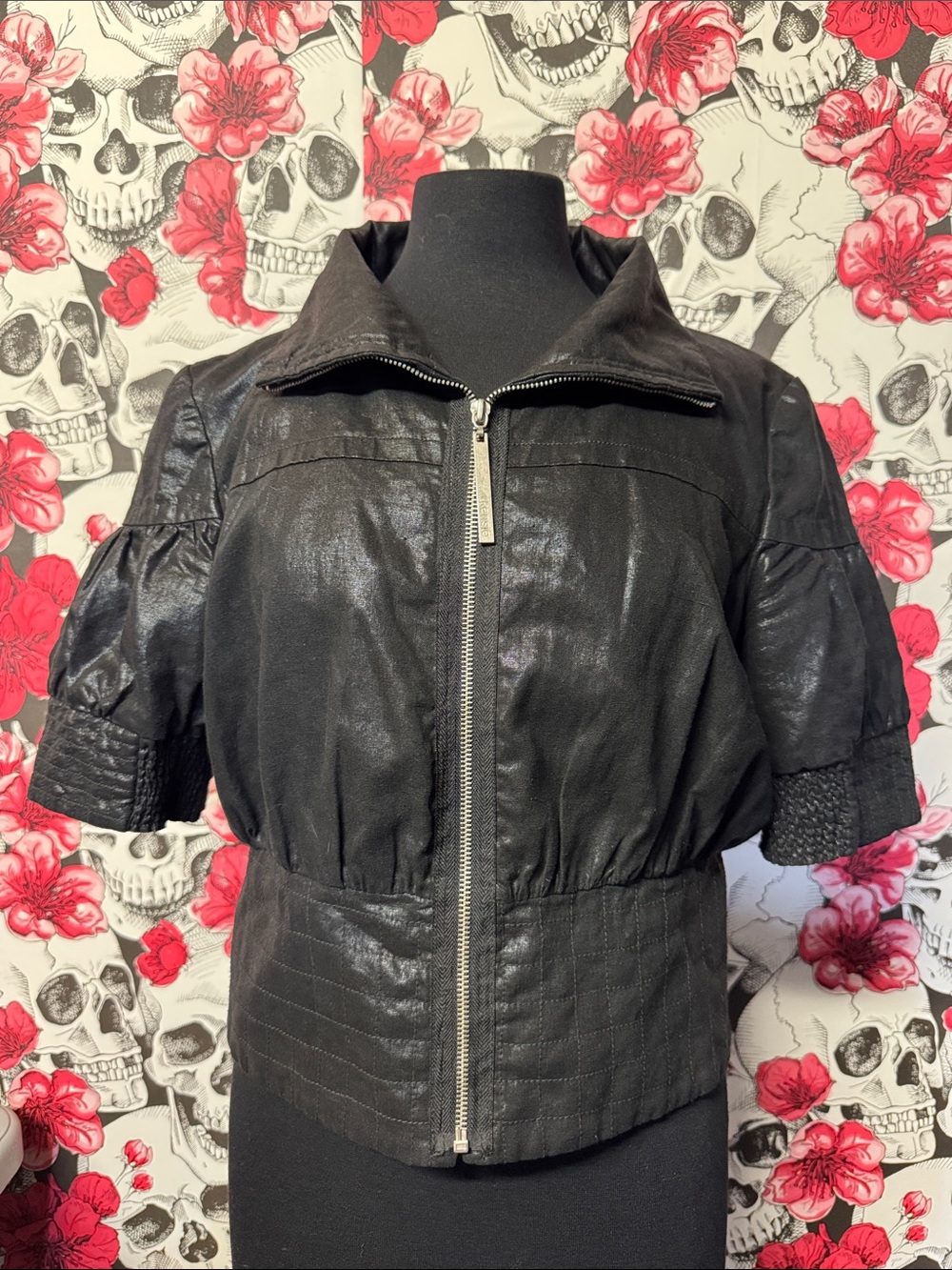 Kensie Black Short-Sleeve Zip-Front Leather Jacket